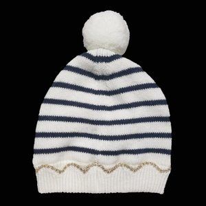 NEW Jacadi Paris Baby Wool Alpaca Pom Beanie Striped Scalloped Gold Knit Hat
